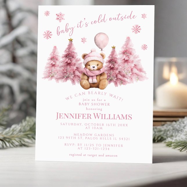 Pink Gold Winter Teddy Bear Pine Baby Girl Shower Invitation (Creator Uploaded)