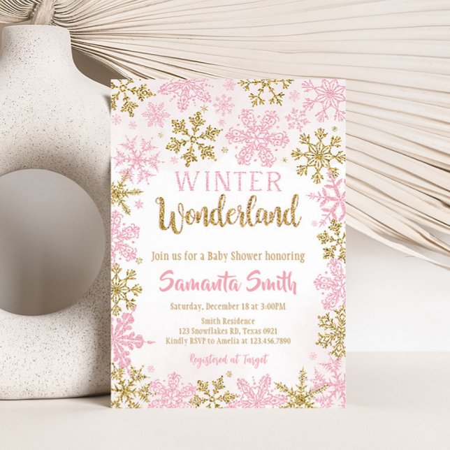 Pink Gold Winter Wonderland Baby Shower  Invitation (Pink Gold Winter Wonderland Baby Shower Invitation)