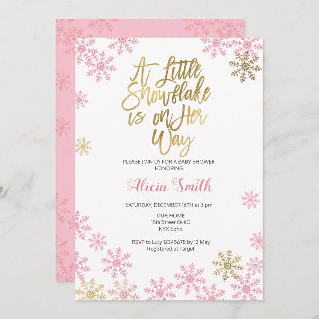Pink Gold Winter Wonderland Girl Baby Shower Invitation (Front/Back)