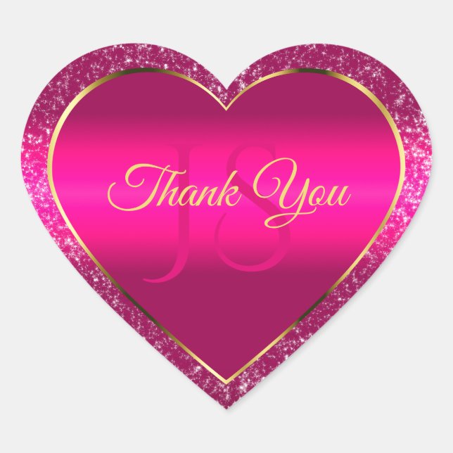 Pink Gold with Glitter and Initials Cute Thank You Heart Sticker (Front)