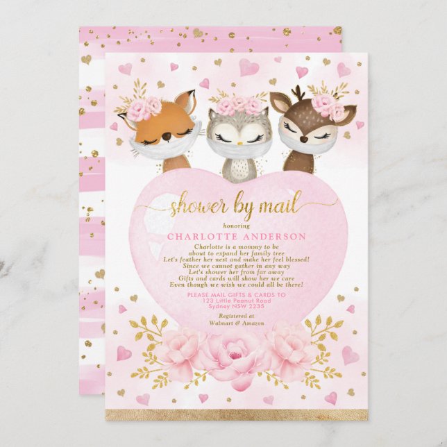 Pink Gold Woodland Sweetheart Baby Shower By Mail Invitation (Front/Back)
