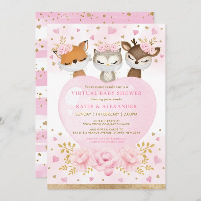 Pink Gold Woodland Sweetheart Virtual Baby Shower Invitation (Front/Back)