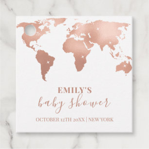 Pink Gold World Map Travel Adventure Baby Shower Favour Tags