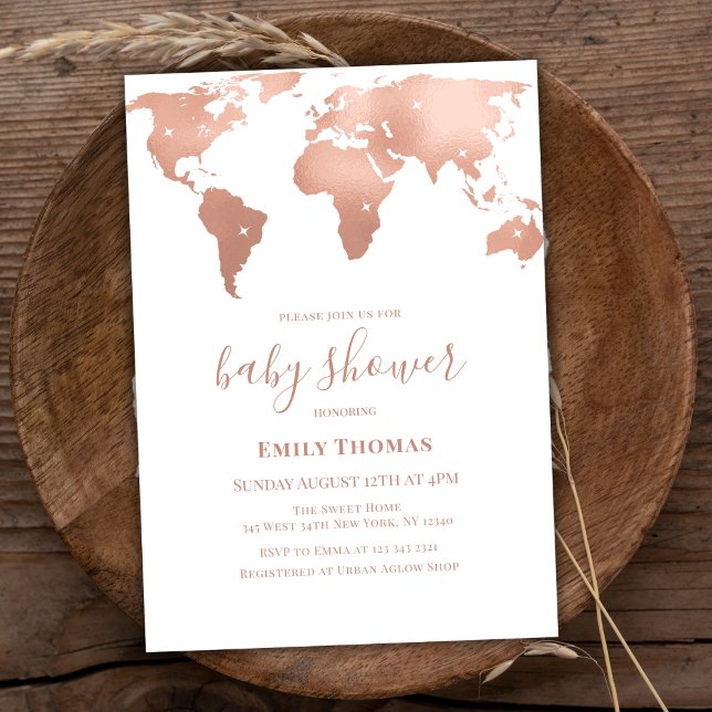 Pink Gold World Map Travel Adventure Baby Shower Invitation (Pink Gold World Map Travel Adventure Baby Shower Invitation)