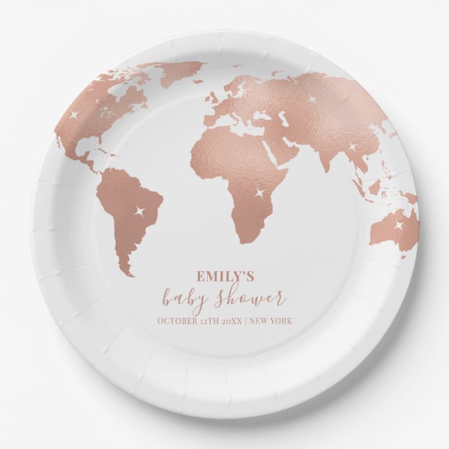 Pink Gold World Map Travel Adventure Baby Shower  Paper Plate (Front)