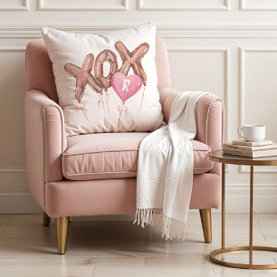 Pink Gold XOX Heart Balloons Valentine Monogram Cushion