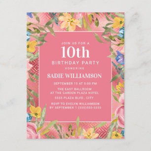 Pink Gold Yellow Blue Floral Girl's 10th Birthday Invitation