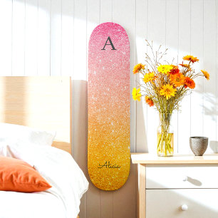 Pink Gold Yellow Ombre Glitter  Skateboard