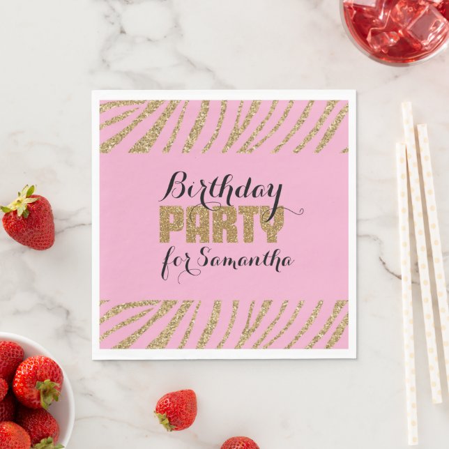 Pink Gold Zebra Print Faux Glitter Birthday Napkin (Insitu)