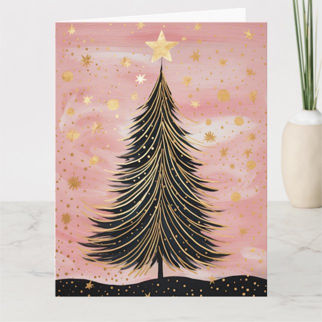Pink Golden Christmas Tree Card (Front)