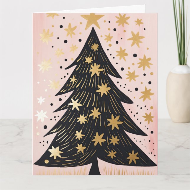 Pink Golden Christmas Tree Card (Front)