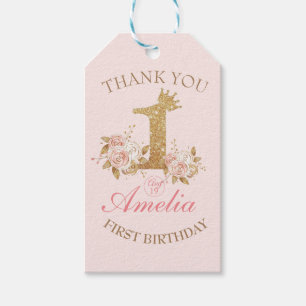 Pink Golden Crown Princess 1st Birthday Party Gift Tags