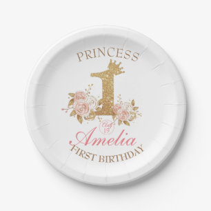 Pink Golden Crown Princess 1st Birthday Party  Paper Plate
