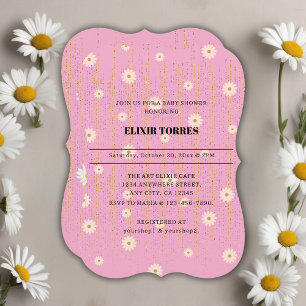 Pink Golden Daisy Glitter Glow Baby Shower Invitation