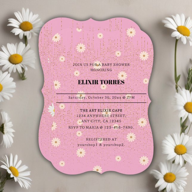 Pink Golden Daisy Glitter Glow Baby Shower Invitation (Creator Uploaded)