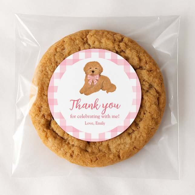 Pink Golden Doodle Birthday Thank You Favor Classic Round Sticker (Creator Uploaded)