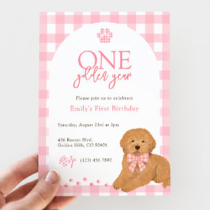 Pink Golden Doodle One Golden Year birthday Invitation