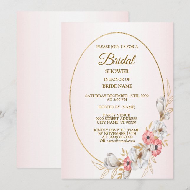 Pink Golden Floral Geometric Peach Bridal Shower Invitation (Front/Back)