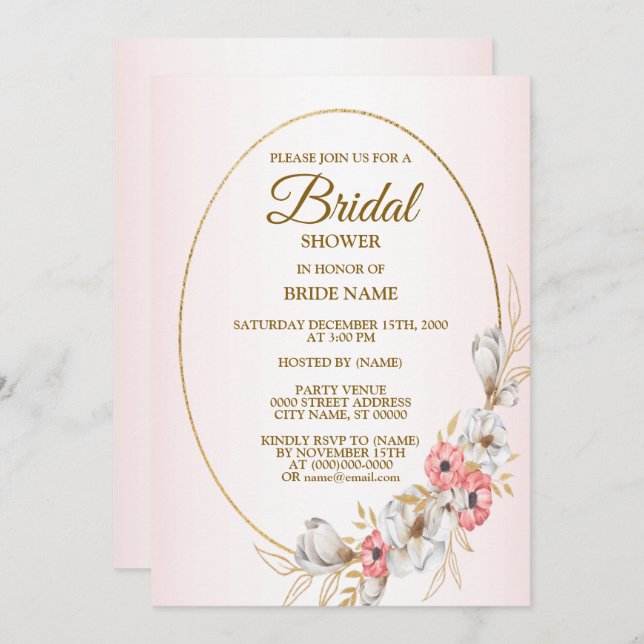 Pink Golden Floral Geometric Peach Bridal Shower Invitation (Front/Back)