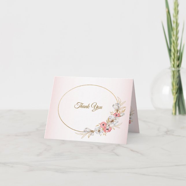 Pink Golden Floral Geometric Peach Wedding Thank You Card (Front)
