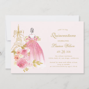Pink Golden Floral Paris Chic Quinceanera Invitation