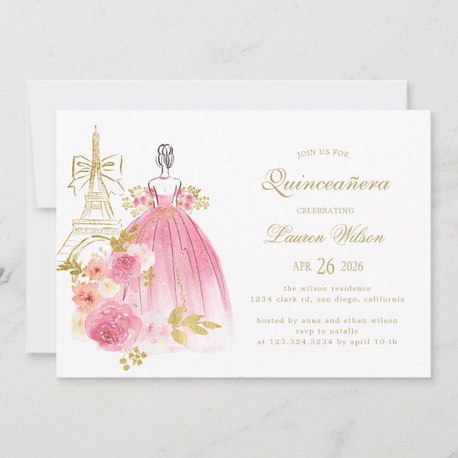 Pink Golden Floral Paris Chic Quinceanera Invitation (Front)