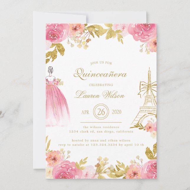 Pink Golden Floral Paris Chic Quinceanera Invitation (Front)
