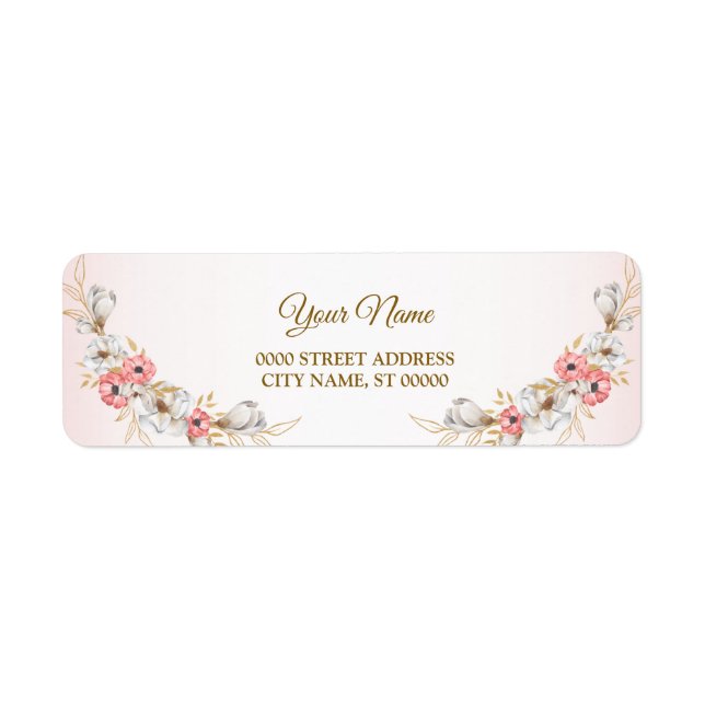 Pink Golden Floral Peach Wedding Return Address Label (Front)