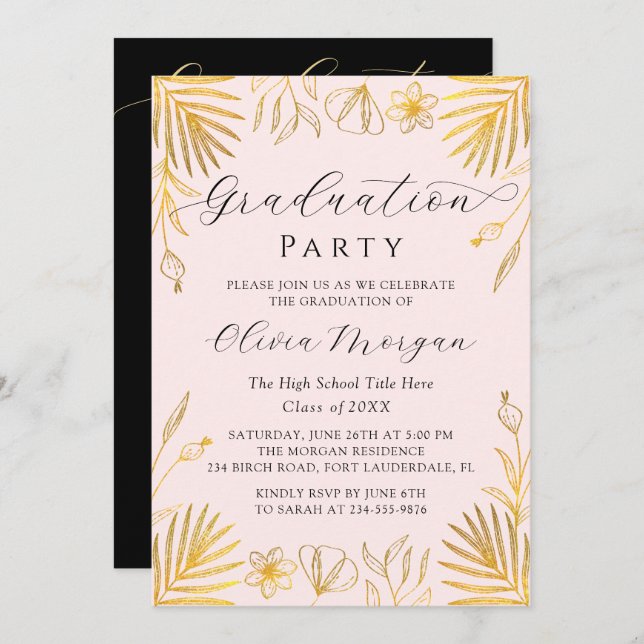 Pink Golden Floral Script Graduation Party Photo Invitation (Front/Back)