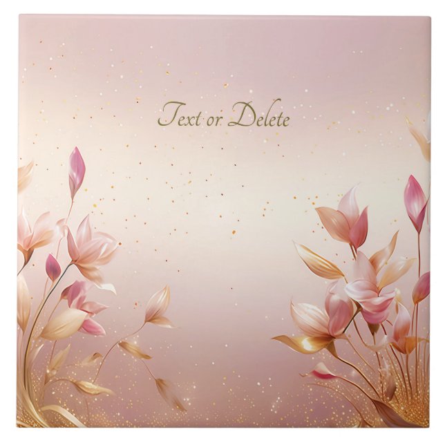 Pink Golden Leaves Floral Ceramic Tile (Front)