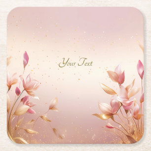 Pink Golden Leaves Floral Paper Coaster