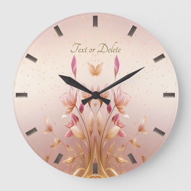 Pink Golden Leaves Floral Wall Clock (Front)