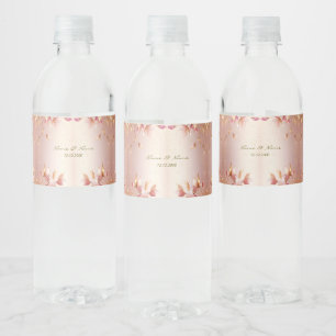 Pink Golden Leaves Floral Water Bottle Label