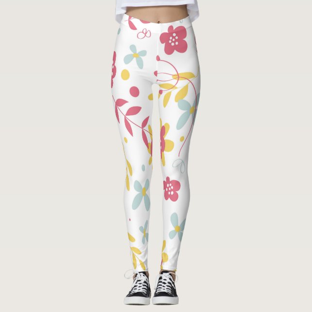 Pink, Golden & Light Blue Flowers Pattern Leggings (Front)