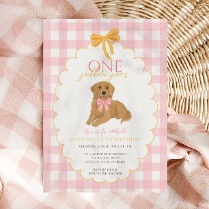 Pink Golden Retriever First Birthday Party Invitation