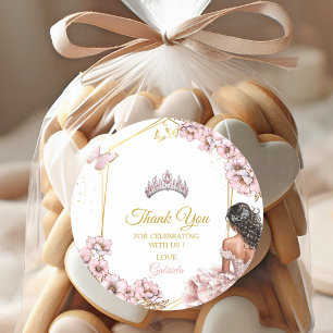 Pink Golden Tiara Butterfly Quinceañera Classic Round Sticker