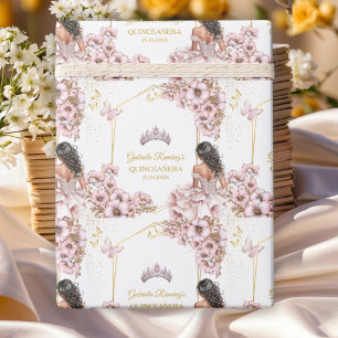 Pink Golden Tiara Butterfly Quinceañera Wrapping Paper