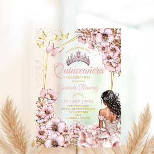 Pink Golden Tiara Floral Butterfly Quinceañera Acrylic Invitations