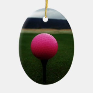 Pink Golf Ball on a mountain golf course Ceramic Ornament