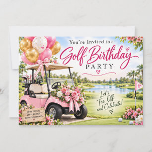 Pink Golf Birthday Party Golf Cart Floral  Invitation