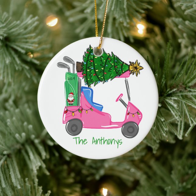 Pink Golf Cart Christmas Tree & Santa Golf Bag Ceramic Ornament (Tree)