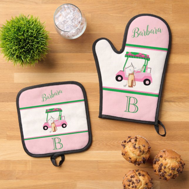Pink Golf Cart Clubs Monogram Name Oven Mitt & Pot Holder Set (Top Down)