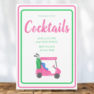 Pink Golf Cart Cocktail Party PInk Green Border Invitation
