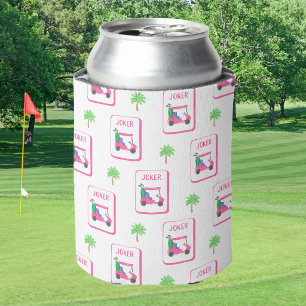 Pink Golf Cart Joker Mahjong Tropical Palm Tree Can Cooler