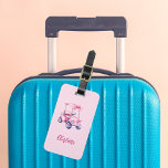 Pink golf cart name script luggage tag<br><div class="desc">Personalise and add your monogram letters,  initials.    Pink background. Decorated with a pink golf cart with a girly bow.  White text,  hand lettered style script.</div>