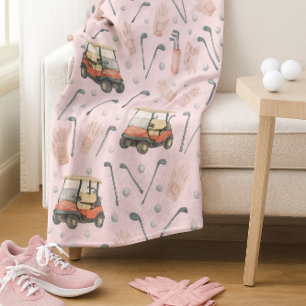 Pink Golf Cart Pattern Lady Golfer  Fleece Blanket