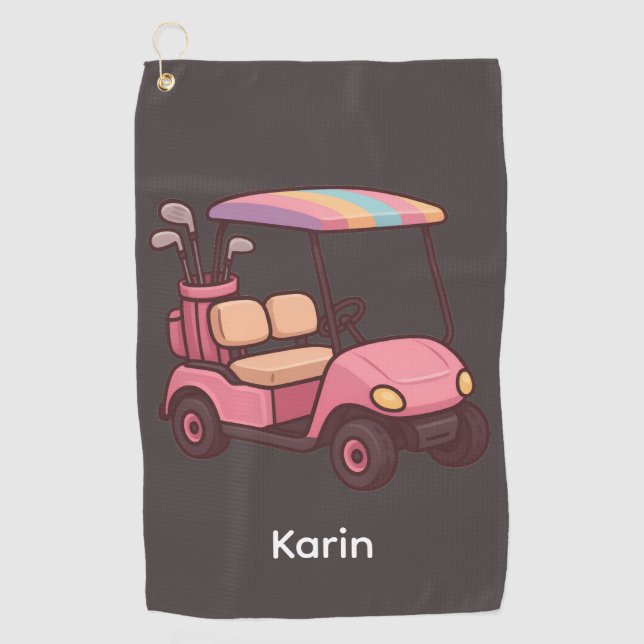 Pink Golf Cart Personalised Golf Towel (Front)