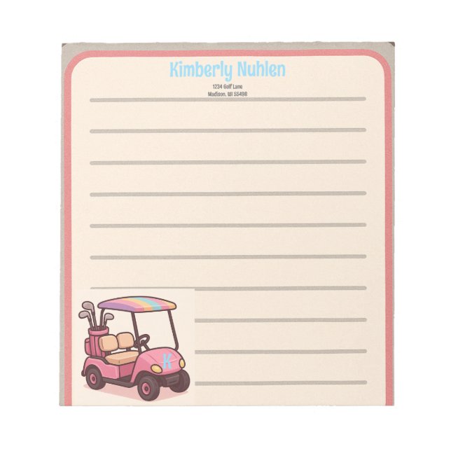 Pink Golf Cart Personalised Notepad (Front)