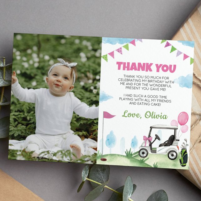 Pink Golf Girl Birthday Photo Thank You Card (Creator Uploaded)
