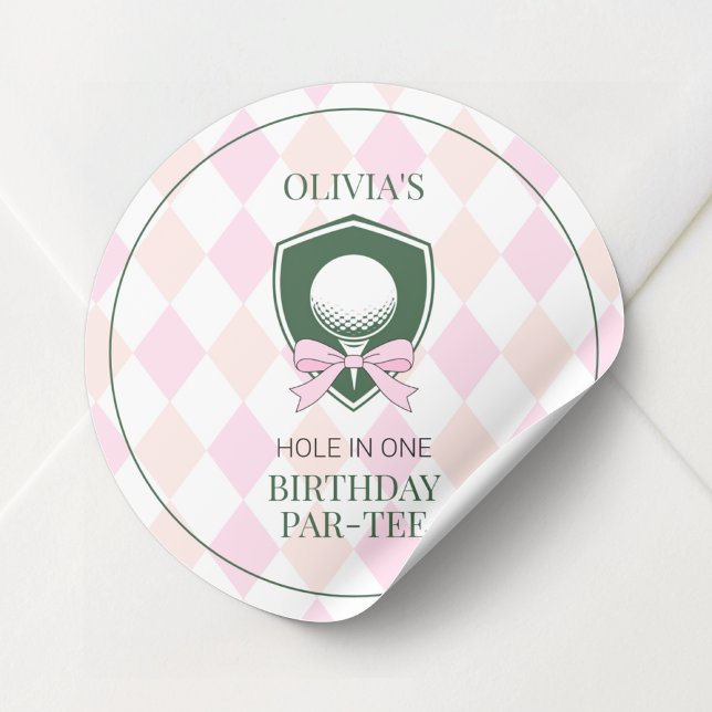 Pink Golf Girls Personalised 1st Birthday Party Classic Round Sticker (Pink Golf Girls Personalized 1st Birthday Party Classic Round Sticker)